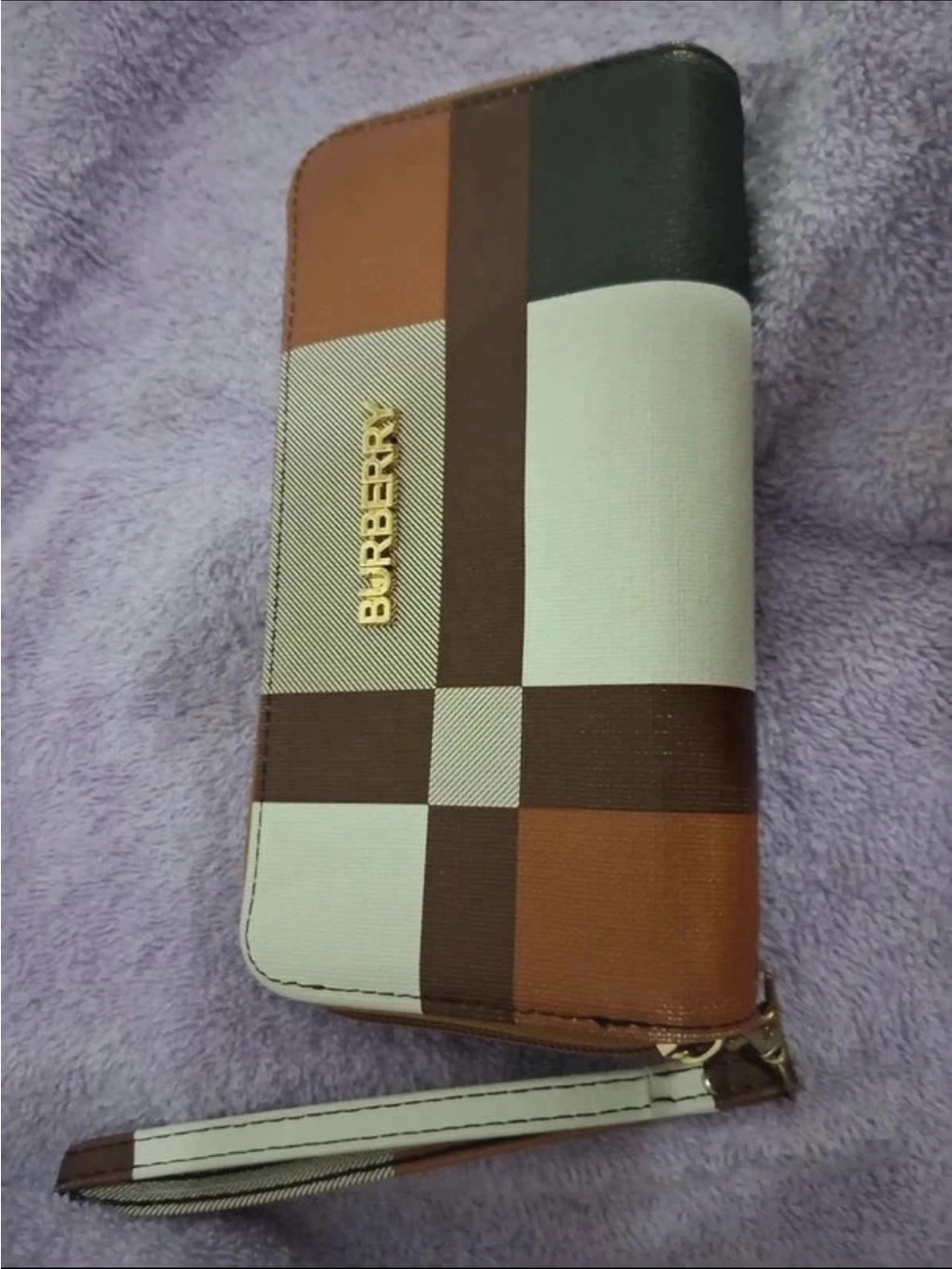 Burberry Brown & White Check Zip Wallet with Wrist Strap